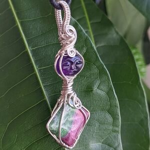 Rare Sterling Silver Amulet Necklace Carved Amethyst Designer Ruby Zoisite